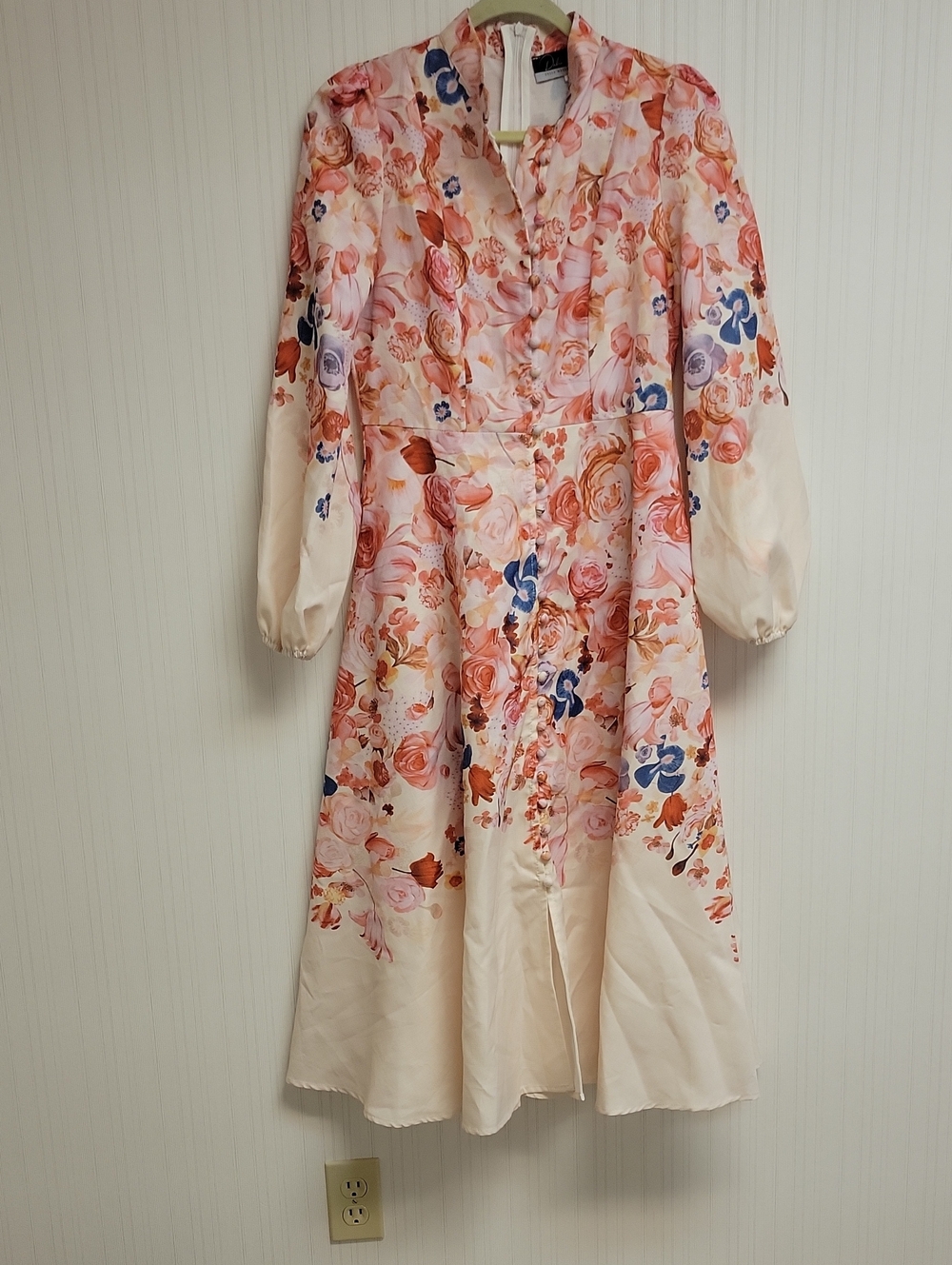 Dalia MacPhee Cream Floral Long Sleeve Midi Dress Sz Medium New Boho Church